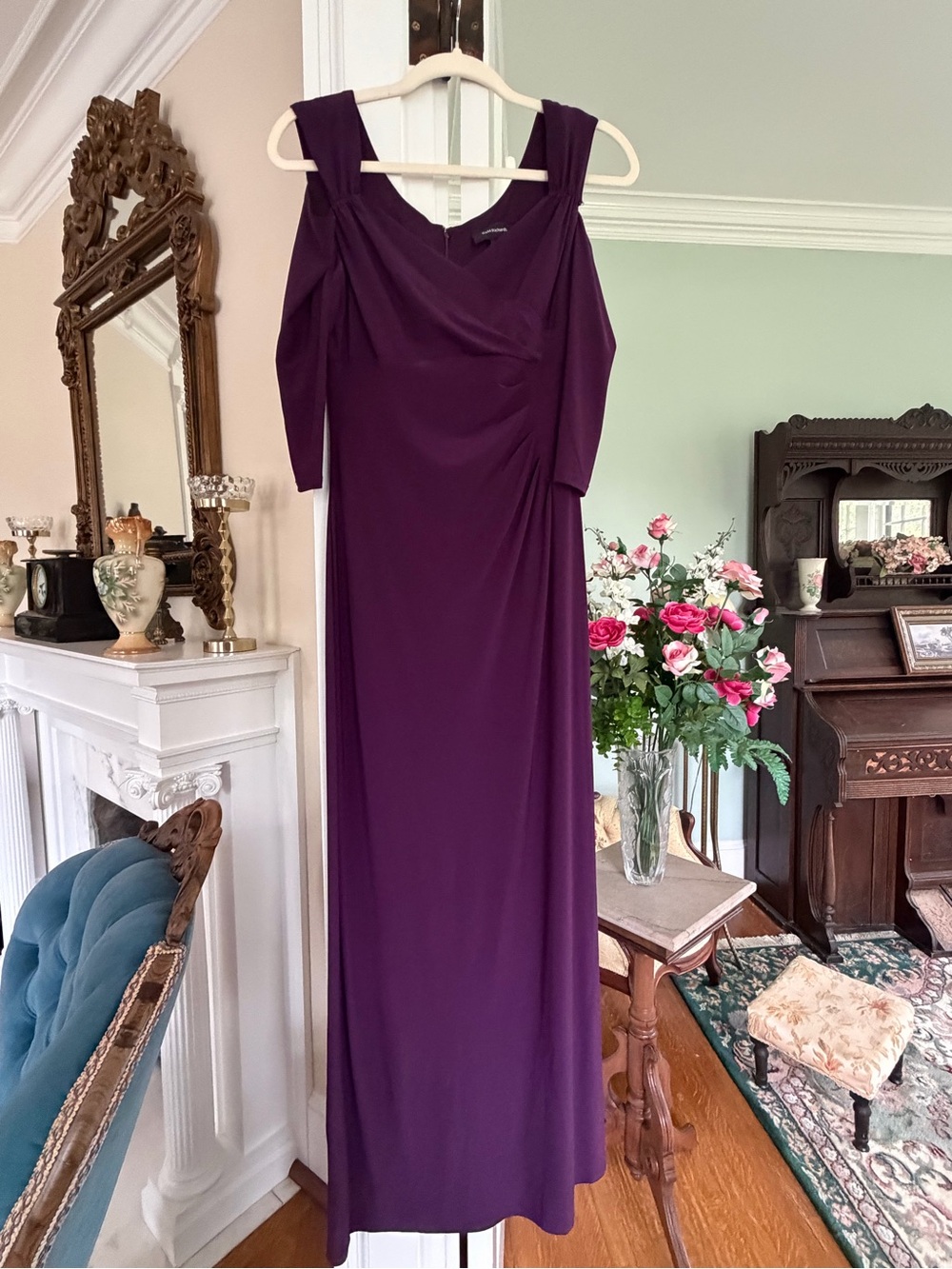 Elegant Purple Cold-Shoulder Evening Dress by R & M Richards, size 6